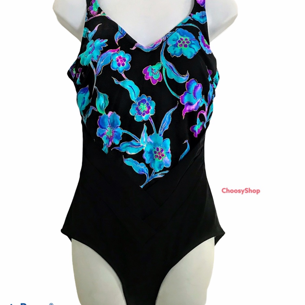 Slimming 1Piece SwimSuit Builtin Underwire Carol Wior Black Green Purple Shirred